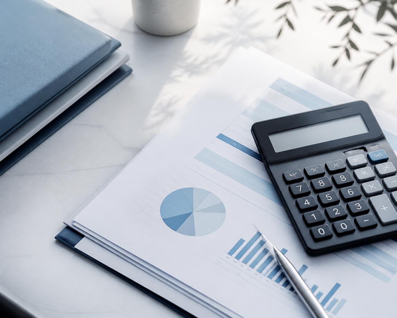 Calculatrice et documents chiffrés sur un bureau clair
